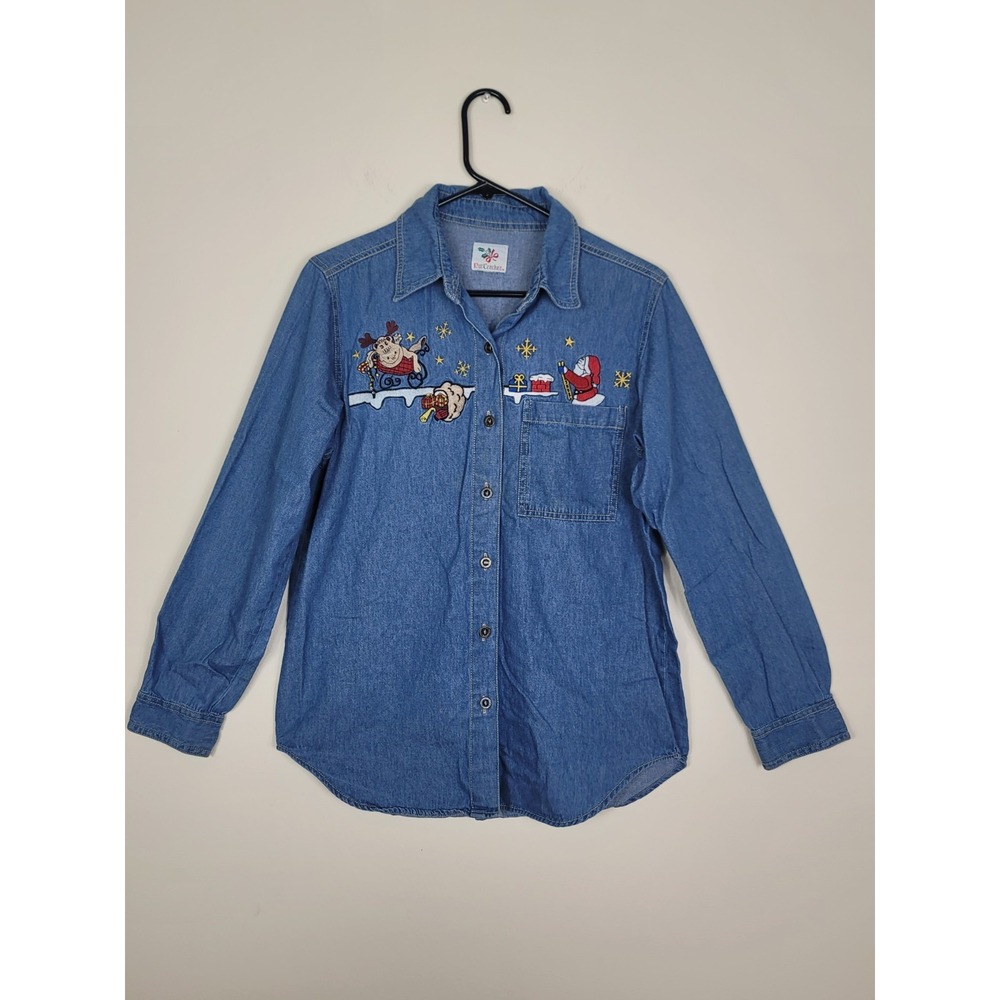 Nutcracker Christmas Denim Shirt Women's Sz M Santa Reindeer Embroidered Vintage